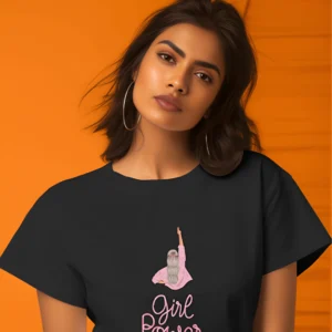 Round Neck Half Sleeve Girl Power Black T-Shirt